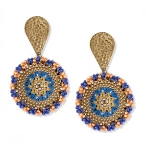 Gold Tone Blue and Peach Beaded Drop Earrings